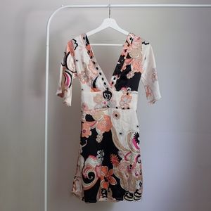 Pink Satin Floral V Neck Dress
